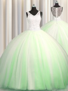 On Sale See Through Zipple Up V-neck Sleeveless Quinceanera Dress Brush Train Beading and Appliques Tulle