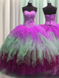 Nice Visible Boning Multi-color Lace Up Sweetheart Beading and Ruffles and Sequins Ball Gown Prom Dress Tulle Sleeveless