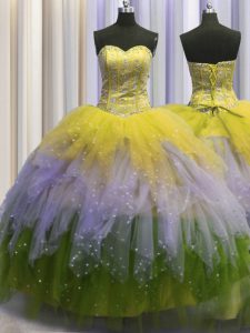 Visible Boning Multi-color Ball Gowns Tulle Sweetheart Sleeveless Beading and Ruffles and Sequins Floor Length Lace Up Q