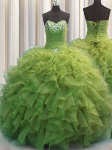 Affordable Beaded Bust Olive Green Lace Up Sweetheart Beading and Ruffles 15th Birthday Dress Organza Sleeveless