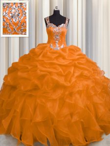 See Through Zipper Up Orange Organza Zipper Straps Sleeveless Floor Length Quince Ball Gowns Appliques and Ruffles
