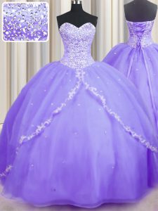 Lavender Sleeveless Brush Train Beading and Appliques With Train Quinceanera Gowns
