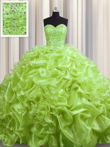 Pick Ups With Train Ball Gowns Sleeveless Yellow Green Vestidos de Quinceanera Court Train Lace Up