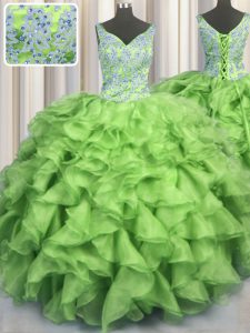 V-neck Sleeveless Organza Sweet 16 Quinceanera Dress Beading and Ruffles Lace Up