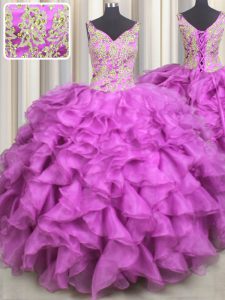 V Neck Sleeveless Beading and Ruffles Lace Up Quinceanera Dress
