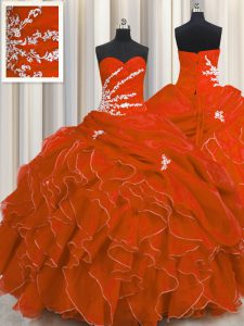 Flirting Red Ball Gowns Organza Sweetheart Sleeveless Beading and Appliques and Ruffles Floor Length Lace Up Quinceanera