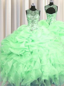 Decent See Through Apple Green Scoop Lace Up Beading and Ruffles and Pick Ups Quinceanera Dresses Sleeveless