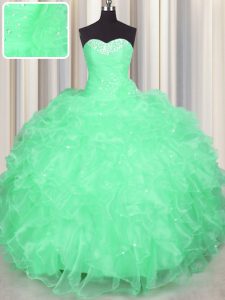 Customized Apple Green Ball Gowns Beading and Ruffles Ball Gown Prom Dress Lace Up Organza Sleeveless Floor Length