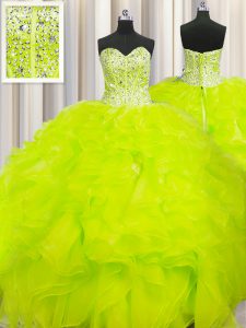 Visible Boning Beaded Bodice Yellow Sleeveless Organza Lace Up Sweet 16 Quinceanera Dress for Military Ball and Sweet 16