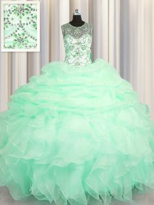 See Through Scoop Sleeveless Ball Gown Prom Dress Floor Length Beading and Ruffles and Pick Ups Apple Green Organza