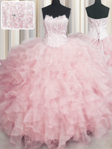 Vintage Visible Boning Scalloped Baby Pink Organza Lace Up Vestidos de Quinceanera Sleeveless Floor Length Beading and R