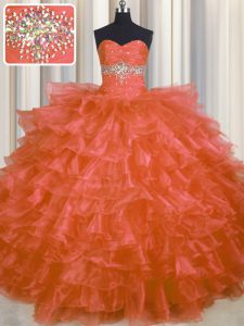 Graceful Orange Red Quinceanera Dresses Military Ball and Sweet 16 and Quinceanera and For with Beading and Ruffled Laye