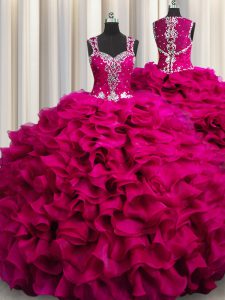 Admirable Zipple Up See Through Back Fuchsia Sleeveless Beading and Ruffles Floor Length 15th Birthday Dress
