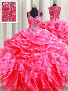 Pretty Pick Ups Zipper Up See Through Back Hot Pink Sleeveless Organza Zipper Quinceanera Gowns for Military Ball and Sw