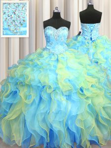 Smart Sleeveless Organza Floor Length Lace Up Ball Gown Prom Dress in Multi-color with Beading and Appliques and Ruffles