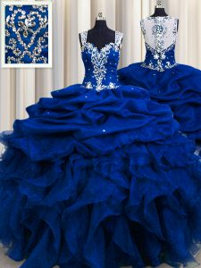 Zipple Up See Through Back Royal Blue Organza Zipper Straps Sleeveless Floor Length Ball Gown Prom Dress Beading and Ruf