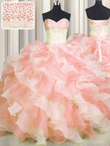 Pretty Visible Boning Two Tone Sweetheart Sleeveless Organza Quinceanera Dress Beading and Ruffles Lace Up