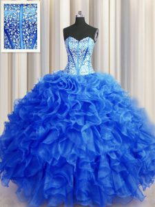 Visible Boning Beaded Bodice Beading and Ruffles 15th Birthday Dress Royal Blue Lace Up Sleeveless Floor Length