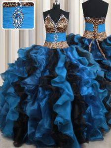 Best Leopard Two Tone V Neck Floor Length Lace Up Sweet 16 Quinceanera Dress Blue And Black for Military Ball and Sweet 