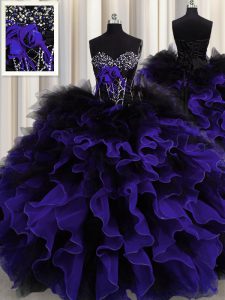 Black And Purple Ball Gowns Organza and Tulle Sweetheart Sleeveless Beading and Ruffles Floor Length Lace Up Ball Gown P