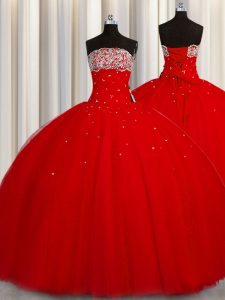 Puffy Skirt Floor Length Red Quinceanera Gown Organza Sleeveless Beading and Sequins