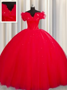 Off The Shoulder Short Sleeves Court Train Ruching Lace Up Quince Ball Gowns