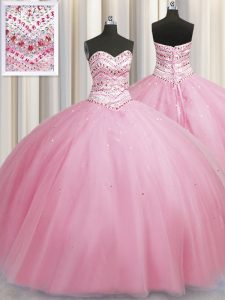 Dazzling Bling-bling Big Puffy Rose Pink Tulle Lace Up Sweetheart Sleeveless Floor Length Quince Ball Gowns Beading