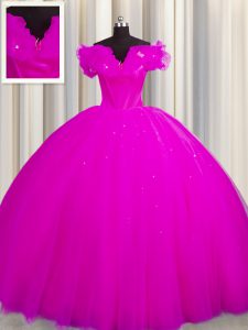 Tulle Off The Shoulder Short Sleeves Court Train Lace Up Ruching Sweet 16 Dress in Fuchsia