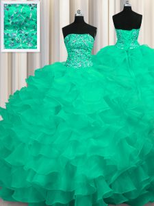 Colorful Turquoise Ball Gowns Organza Strapless Sleeveless Beading and Ruffles Lace Up Quinceanera Dress Sweep Train