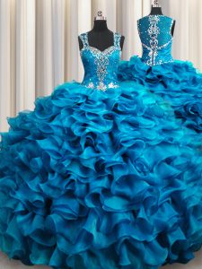 Zipple Up See Through Back Teal Sweet 16 Dresses Military Ball and Sweet 16 and Quinceanera and For with Beading and Ruf
