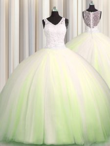 Affordable Zipple Up Big Puffy Yellow Green Quinceanera Gown V-neck Sleeveless Brush Train Zipper