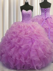 Traditional Lilac Ball Gown Prom Dress Military Ball and Sweet 16 and Quinceanera and For with Beading and Ruffles Sweet