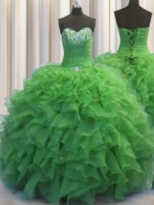 Beaded Bust Floor Length Ball Gowns Sleeveless Green Quinceanera Gowns Lace Up