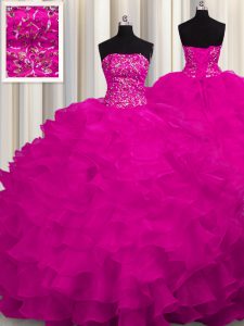 With Train Fuchsia Quinceanera Gowns Strapless Sleeveless Sweep Train Lace Up