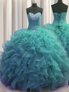 Custom Design Beaded Bust Turquoise Ball Gowns Beading and Ruffles Vestidos de Quinceanera Lace Up Organza Sleeveless Fl