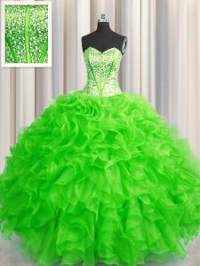 Decent Visible Boning Beaded Bodice Ball Gowns Organza Sweetheart Sleeveless Beading and Ruffles Floor Length Lace Up 15