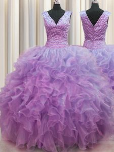 Smart V Neck Zipper Up Ruffles 15 Quinceanera Dress Lilac Zipper Sleeveless Floor Length