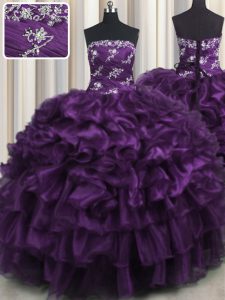 Beautiful Purple Organza Lace Up Strapless Sleeveless Floor Length Sweet 16 Quinceanera Dress Appliques and Ruffles and 