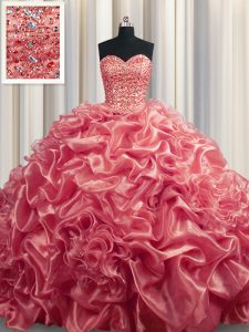 Court Train Watermelon Red Sleeveless With Train Beading and Pick Ups Lace Up Quince Ball Gowns