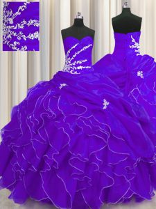 Floor Length Lace Up Sweet 16 Dresses Purple for Military Ball and Sweet 16 and Quinceanera with Beading and Appliques a