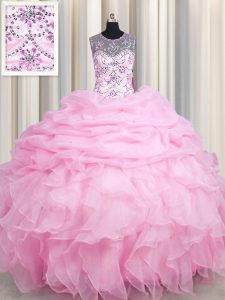 Sophisticated See Through Floor Length Lace Up Sweet 16 Dress Rose Pink for Military Ball and Sweet 16 and Quinceanera w