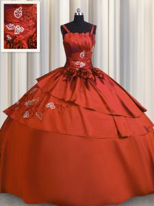 Custom Fit Embroidery Ball Gowns 15 Quinceanera Dress Rust Red Spaghetti Straps Satin Sleeveless Floor Length Lace Up