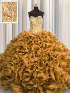 Dynamic Visible Boning Gold Sleeveless Beading and Ruffles Floor Length Ball Gown Prom Dress