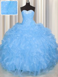 Organza Sweetheart Sleeveless Lace Up Beading and Ruffles Quinceanera Dresses in Baby Blue