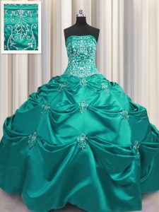 Embroidery Ball Gowns Vestidos de Quinceanera Dark Green Strapless Taffeta Sleeveless Floor Length Lace Up