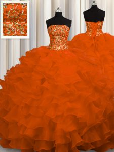 Exceptional Rust Red Sleeveless Organza Sweep Train Lace Up 15 Quinceanera Dress for Military Ball and Sweet 16 and Quin