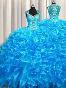 Enchanting Zipper Up See Through Back Organza Sleeveless With Train Quinceanera Gowns and Beading and Ruffles