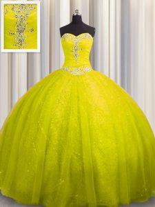 Court Train Yellow Ball Gowns Beading and Appliques 15 Quinceanera Dress Lace Up Tulle and Sequined Sleeveless