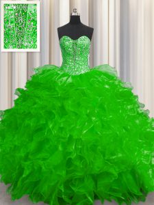 Perfect See Through Sleeveless Floor Length Beading and Ruffles Lace Up 15 Quinceanera Dress