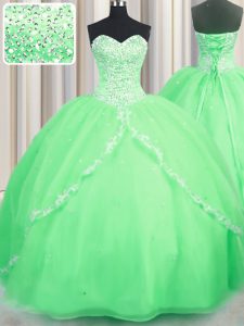 Flirting Sleeveless With Train Beading and Appliques Lace Up Quinceanera Gowns with Brush Train